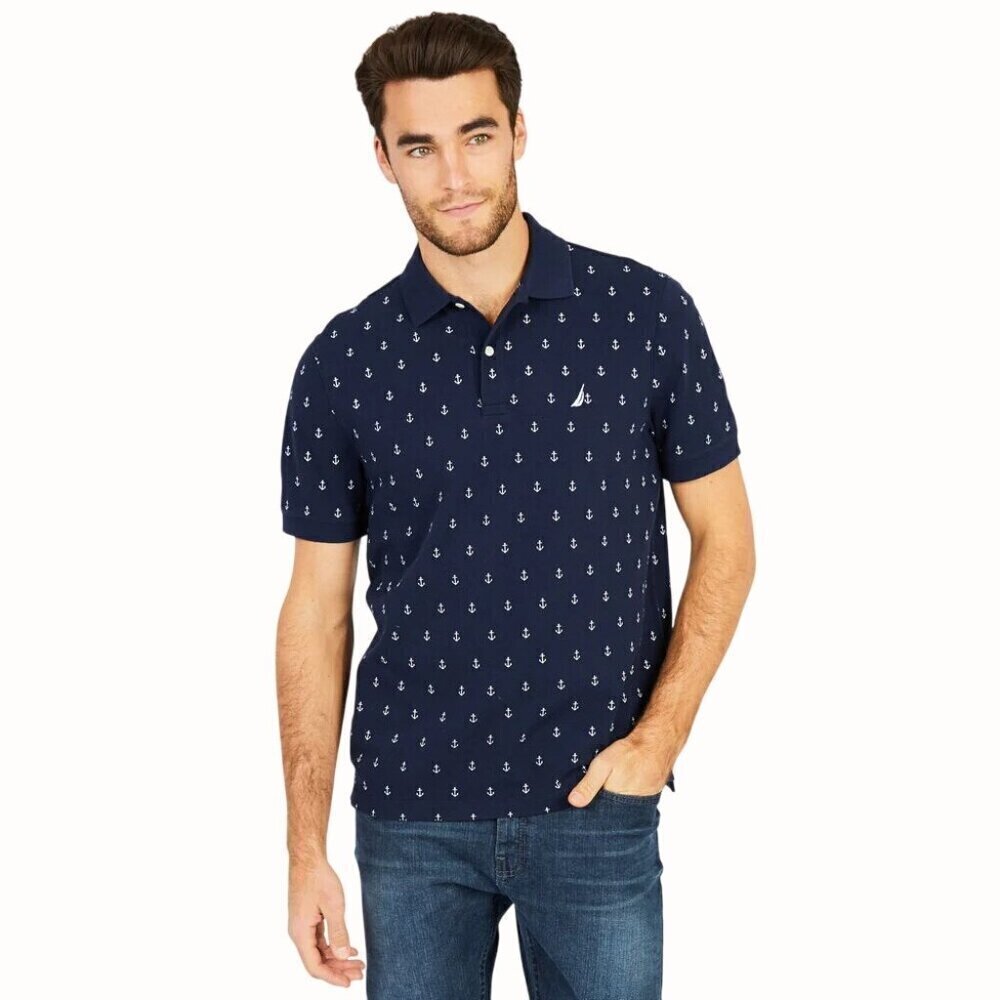 Nautica Mens Classic Fit Navy Short Sleeve Polo Deck Shirt With Anchor Print XL